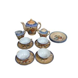 Vintage Miniature Porcelain Tea Set Japan Floral Lusterware Teapot Cups Saucers
